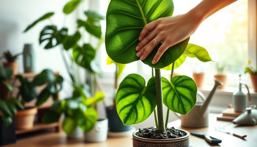 elephant ear watering tips with large green leaves and indoor care tools