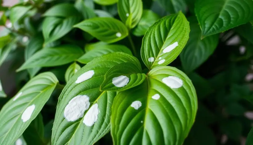 Close-up of lush green plant foliage featuring distinct white spots, indicating potential issues. The foreground showcases a few large leaves with clear, high-resolution details of the white spots, which vary in shape and size. The middle layer contains additional leaves reflecting healthy green coloration, contrasting with the affected areas. In the background, softly blurred foliage creates depth, evoking a natural indoor setting. The scene is illuminated by gentle, diffused natural light, enhancing the textures and colors. The overall mood is informative and calm, ideal for a botanical exploration of plant health, inviting viewers to notice the details without distraction. Close-up of lush green plant foliage featuring distinct white spots, indicating potential issues. The foreground showcases a few large leaves with clear, high-resolution details of the white spots, which vary in shape and size. The middle layer contains additional leaves reflecting healthy green coloration, contrasting with the affected areas. In the background, softly blurred foliage creates depth, evoking a natural indoor setting. The scene is illuminated by gentle, diffused natural light, enhancing the textures and colors. The overall mood is informative and calm, ideal for a botanical exploration of plant health, inviting viewers to notice the details without distraction.