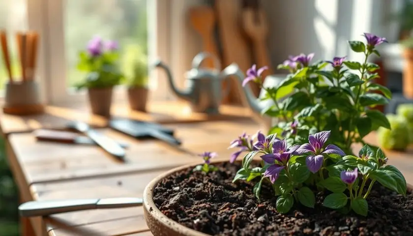 planting purple basil in a container with compost trowel and watering can