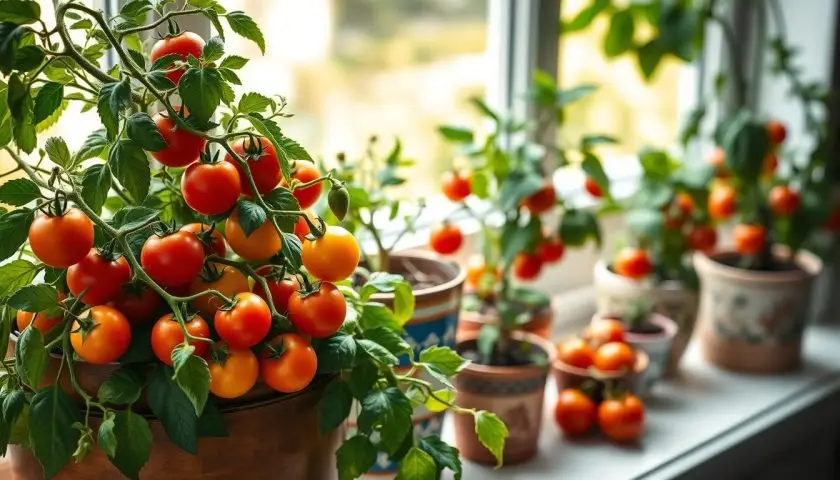 Photorealistic composition of various tomato plant varieties thriving in decorative pots on a sunny windowsill. In the foreground, vibrant cherry tomatoes spilling over the edge of a round pot with lush green foliage, showcasing different sizes and colors—red, yellow, and striped varieties. In the middle, several smaller pots featuring compact tomato plants, each with healthy leaves and small ripe fruits. The background reveals a soft-focus scene of a bright, airy room filled with natural light, highlighting the textures of the plants and the ceramic pots. The atmosphere is warm and inviting, ideal for indoor gardening, emphasizing a rich green color palette with pops of tomato red, evoking a sense of home gardening joy. Photorealistic composition of various tomato plant varieties thriving in decorative pots on a sunny windowsill. In the foreground, vibrant cherry tomatoes spilling over the edge of a round pot with lush green foliage, showcasing different sizes and colors—red, yellow, and striped varieties. In the middle, several smaller pots featuring compact tomato plants, each with healthy leaves and small ripe fruits. The background reveals a soft-focus scene of a bright, airy room filled with natural light, highlighting the textures of the plants and the ceramic pots. The atmosphere is warm and inviting, ideal for indoor gardening, emphasizing a rich green color palette with pops of tomato red, evoking a sense of home gardening joy.
