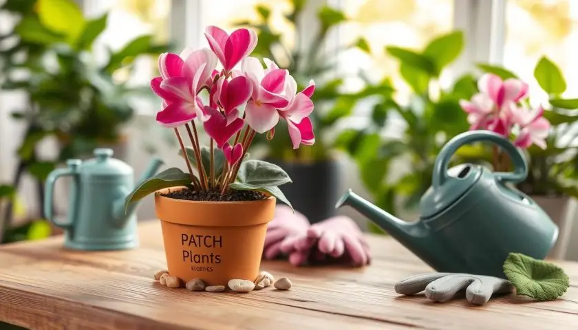 cyclamen care with pink and white flowers indoors in bright indirect light