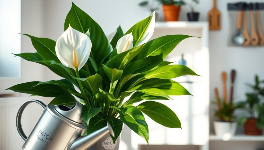how often to water peace lily indoors with healthy green leaves and watering can