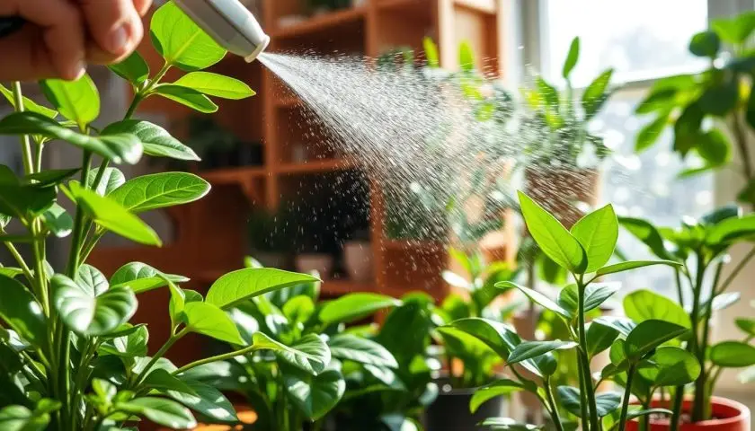 misting for plants safely indoors with a fine spray bottle and healthy houseplants
