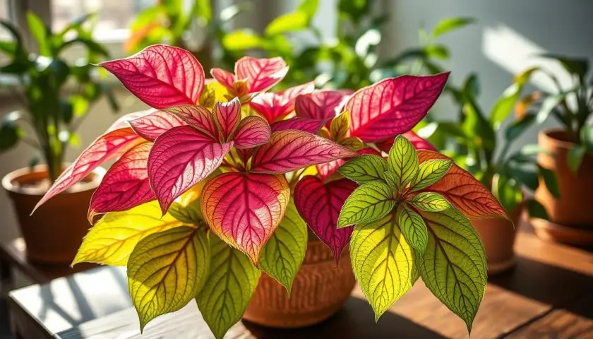 plant with pink and green leaves plant with pink and green leaves indoors with colorful foliage in a bright room