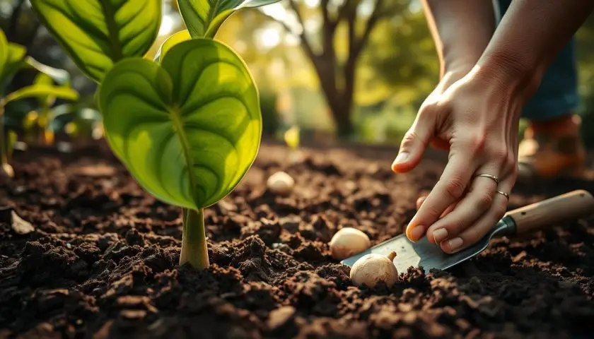planting elephant ear bulbs planting elephant ear bulbs in prepared garden soil