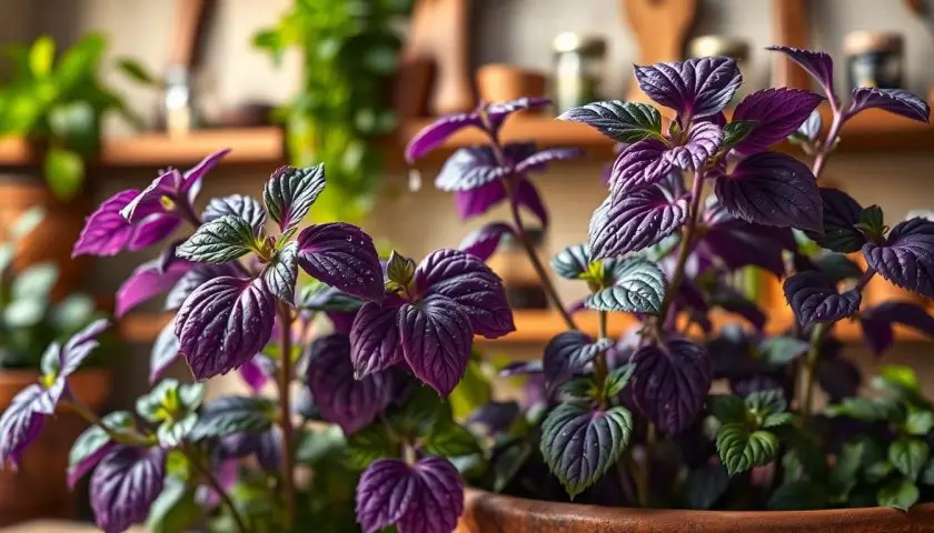 purple basil plant growing in a sunny herb container with dark purple leaves