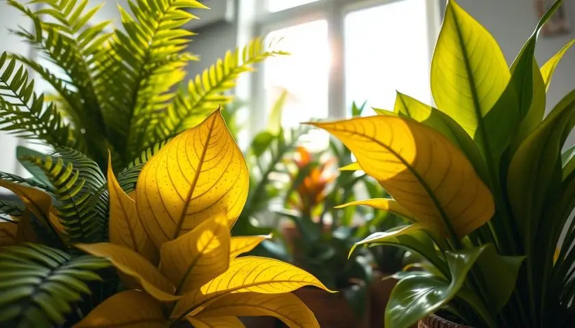 yellow leaves on plants indoors showing common plant stress symptoms