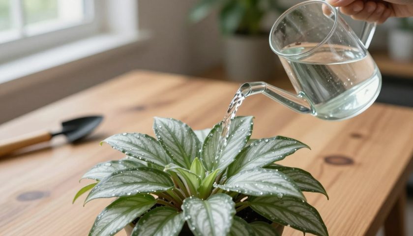 Watering a trailing silver inch houseplant in a draining container