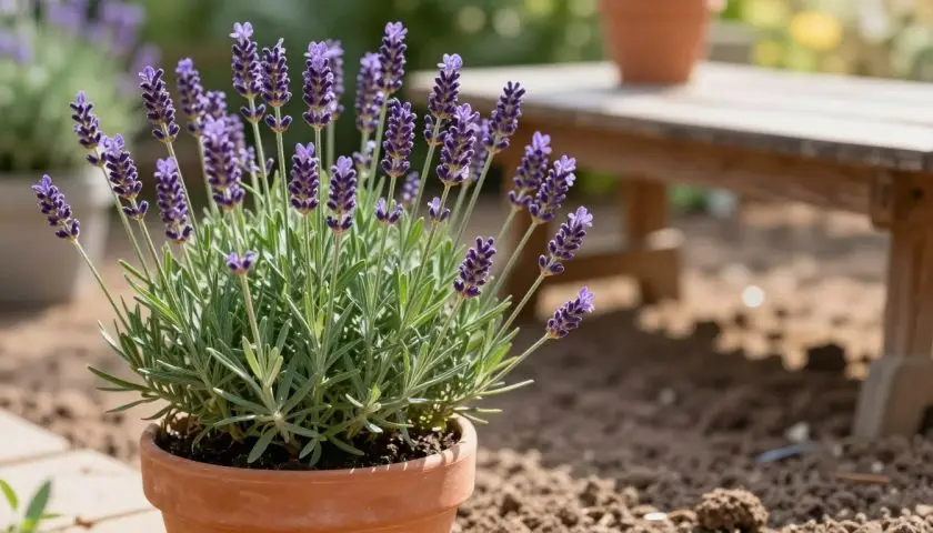 French lavender planted in a terracotta container with fast draining soil