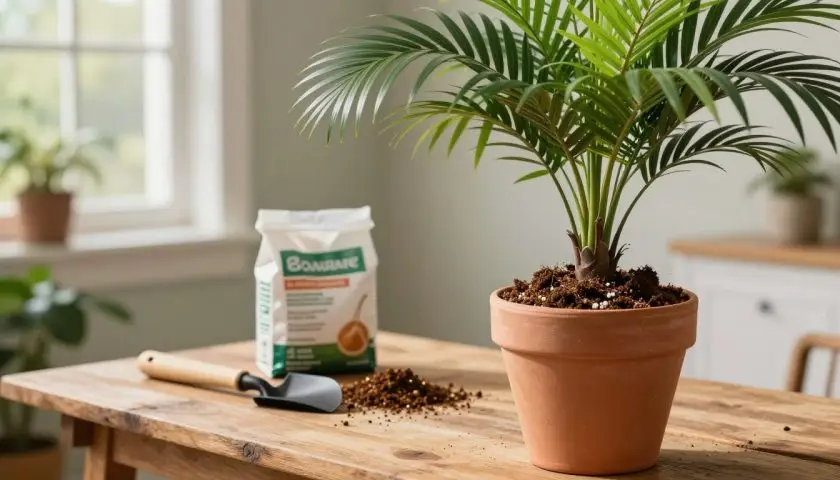 Madagascar palm growing in fast draining succulent potting soil