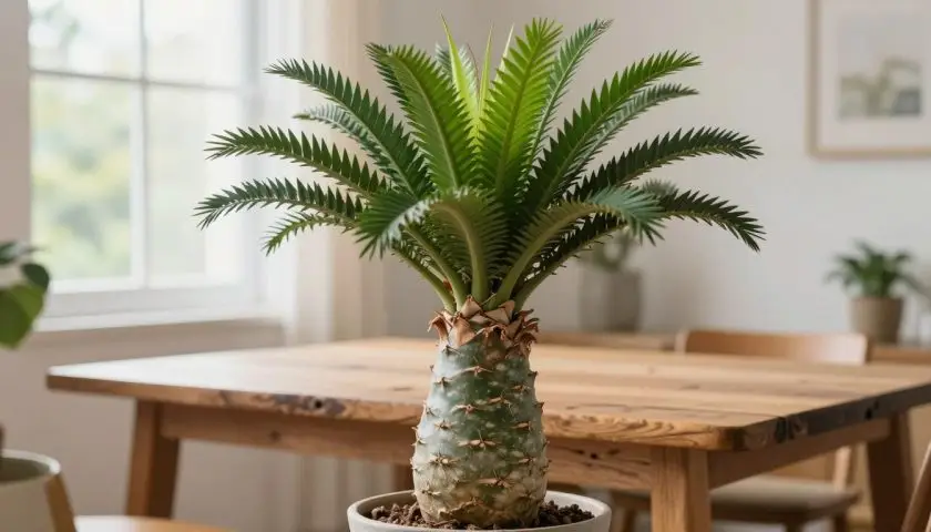 Pachypodium lamerei Madagascar palm with thick thorny trunk and green leaves