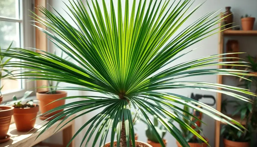 healthy travel palm plant with large fan shaped leaves