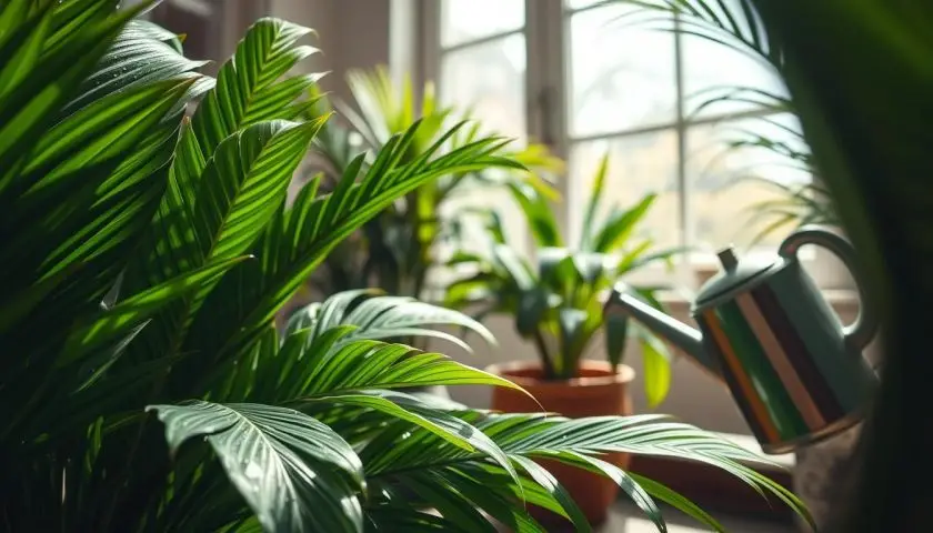 watering a travel palm plant in a well draining container