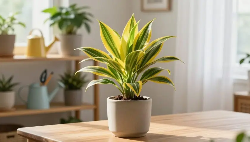 Dracaena Lemon Lime plant with green and yellow striped foliage indoors