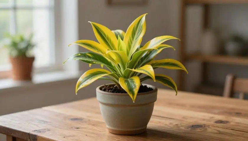 Healthy Dracaena Lemon Lime plant in a draining indoor container