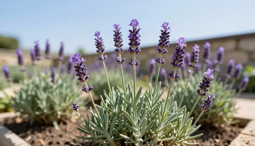 French lavender growing outdoors in bright direct sunlight