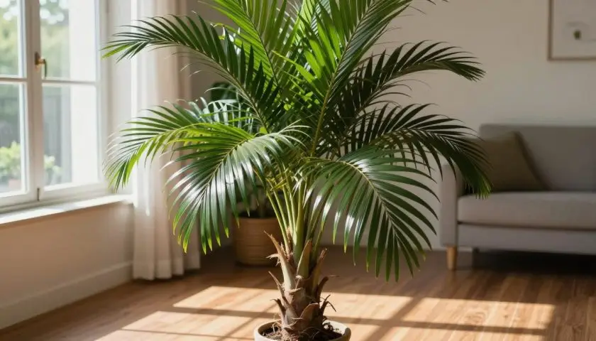 Madagascar palm plant receiving bright sunlight beside an indoor window