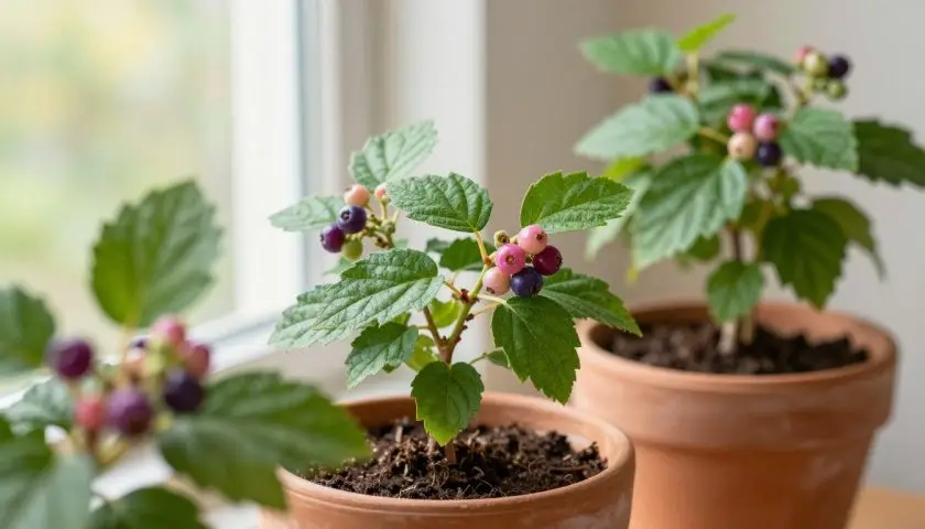 Growing huckleberry plants with healthy green foliage and berries