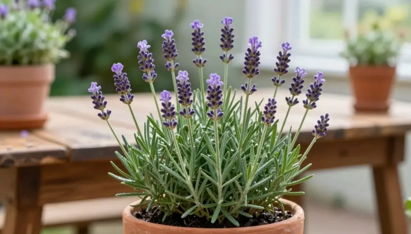 Lavandula French lavender plant with purple flowers and aromatic foliage