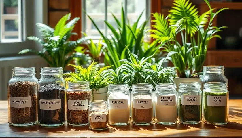 Worm castings compost and liquid natural fertilizers for indoor plants