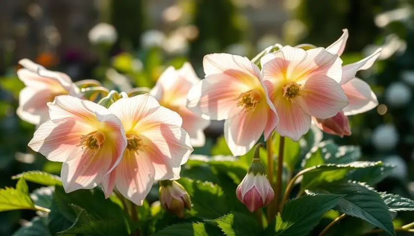 A beautifully arranged hellebore plant in full bloom, showcasing its delicate, cup-shaped flowers in shades of pale pink and white, surrounded by lush green foliage. The foreground highlights the intricate texture of the petals and leaves, capturing raindrops glistening in natural light. The middle ground features a few budding flowers yet to blossom, symbolizing potential growth in the background. The composition should be shot from a slightly elevated angle to accentuate the layers of the plant, creating a photorealistic and inviting scene that conveys the essence of suitable growing conditions for hellebores.
