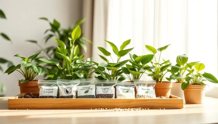 Organic fertilizer materials beside potted houseplants in a bright room