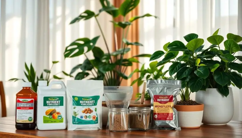 Houseplant Fertilizer Guide: When, How & What to Feed Indoor Plants 5 Indoor plant feeding supplies arranged beside monstera and pothos houseplants