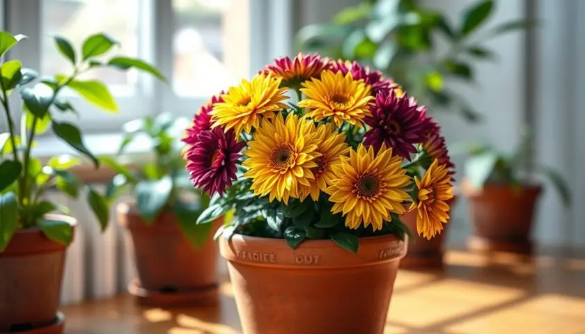 Mums potted plant in full bloom in a terracotta pot
