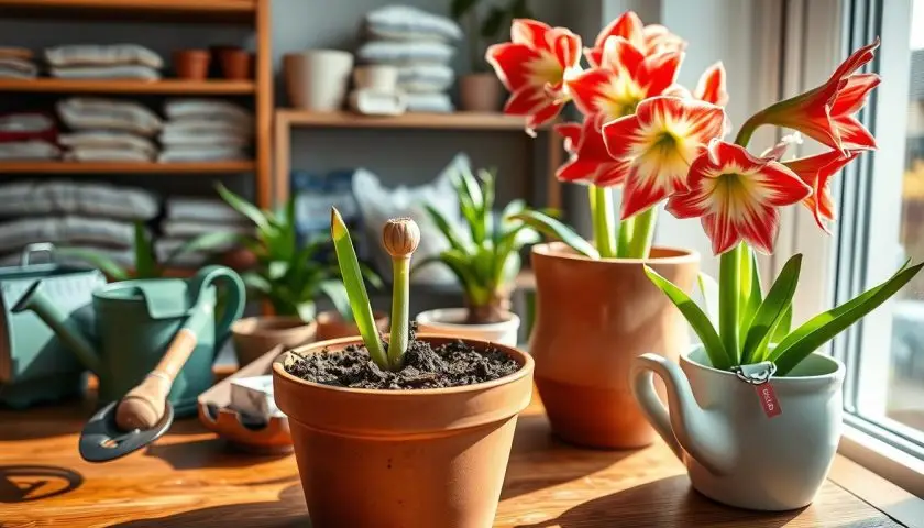 Amaryllis pots in terracotta and ceramic beside potting mix and planting tools