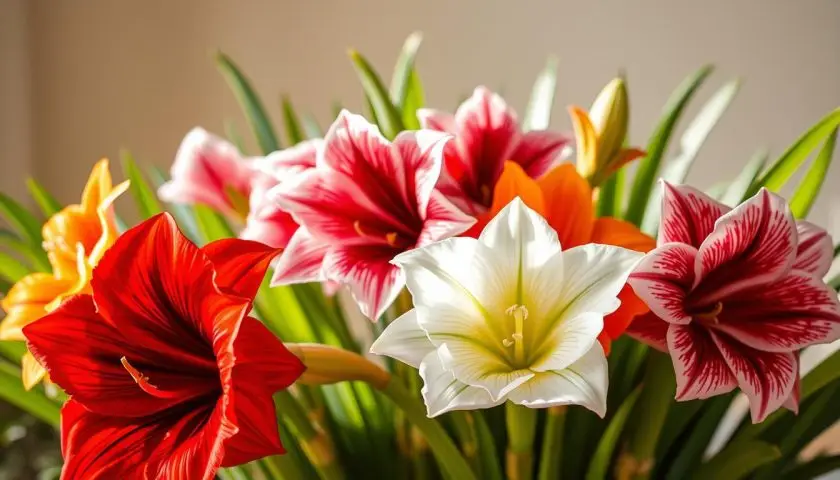 Red, white, pink and orange amaryllis (Hippeastrum) varieties