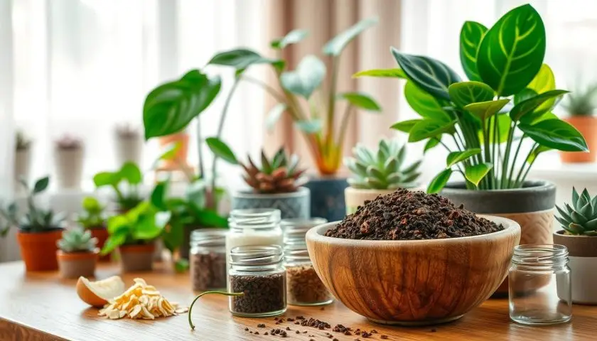 Natural fertilizer for houseplants displayed beside healthy indoor plants