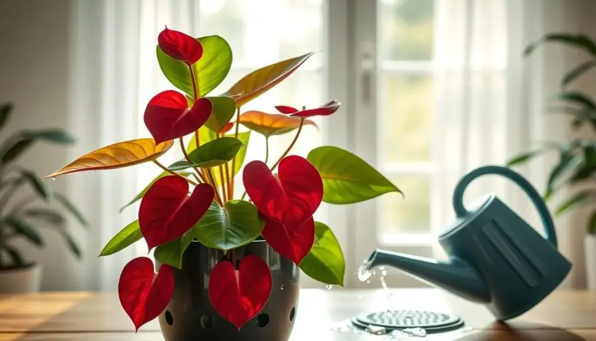 watering an anthurium plant in a pot with good drainage