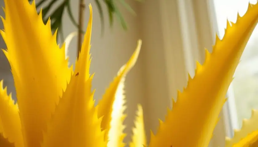 A close-up of a yucca plant with striking yellow leaves, showcasing signs of distress as the vibrant foliage contrasts against a soft, blurred background. The foreground features the serrated edges of the leaves in sharp detail, revealing a slight curl at the tips, indicative of water issues. The middle area captures the plant's thick, upright stems, with some small brown spots emerging near the base, hinting at root and drainage problems. Soft, natural light filters through a window, casting gentle highlights and shadows that create an atmosphere of serenity and concern. The overall mood reflects the challenges of caring for indoor plants, emphasizing the beauty yet fragility of the yucca's health. A close-up of a yucca plant with striking yellow leaves, showcasing signs of distress as the vibrant foliage contrasts against a soft, blurred background. The foreground features the serrated edges of the leaves in sharp detail, revealing a slight curl at the tips, indicative of water issues. The middle area captures the plant's thick, upright stems, with some small brown spots emerging near the base, hinting at root and drainage problems. Soft, natural light filters through a window, casting gentle highlights and shadows that create an atmosphere of serenity and concern. The overall mood reflects the challenges of caring for indoor plants, emphasizing the beauty yet fragility of the yucca's health.