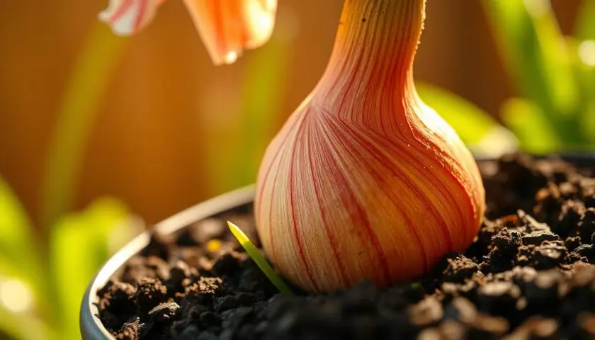 Close-up of an amaryllis bulb in potting mix with its upper shoulder above the soil and new green shoots emerging