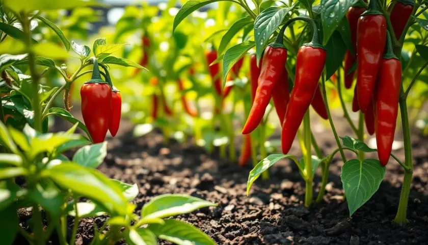 Healthy Jimmy Nardello pepper plants with elongated red peppers and green foliage