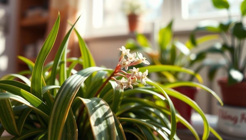 Close-up of healthy hoya linearis leaves and white flower cluster