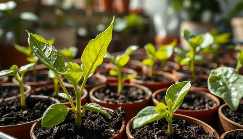 A close-up, photorealistic image depicting fig cuttings being planted in small pots filled with rich, dark potting soil. In the foreground, vibrant green fig cuttings, with fresh leaves and a healthy stem, are carefully inserted into the soil. In the middle ground, several other pots can be seen, showcasing their progress, some with water droplets glistening on the leaves. The background features a softly blurred indoor garden setting, with natural light illuminating the scene, casting gentle shadows and enhancing the earthy tones. The atmosphere conveys a sense of tranquility and care, inviting viewers to engage in the art of propagation. Capture the essence of nurturing plants indoors, without any human presence. A close-up, photorealistic image depicting fig cuttings being planted in small pots filled with rich, dark potting soil. In the foreground, vibrant green fig cuttings, with fresh leaves and a healthy stem, are carefully inserted into the soil. In the middle ground, several other pots can be seen, showcasing their progress, some with water droplets glistening on the leaves. The background features a softly blurred indoor garden setting, with natural light illuminating the scene, casting gentle shadows and enhancing the earthy tones. The atmosphere conveys a sense of tranquility and care, inviting viewers to engage in the art of propagation. Capture the essence of nurturing plants indoors, without any human presence.
