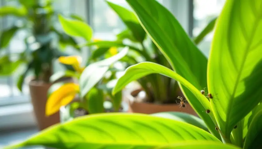 Spider mites on the underside of a houseplant leaf