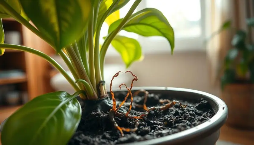 What does root rot smell like in a struggling indoor houseplant