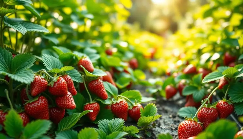 Honeoye Strawberry Plants: 11 Tips for Growing Better Fruit 2 Honeoye strawberry plants with ripe red berries growing in a sunny garden bed