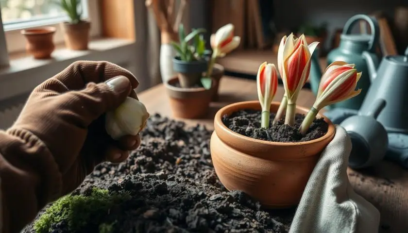 Planting an amaryllis bulb in a terracotta pot