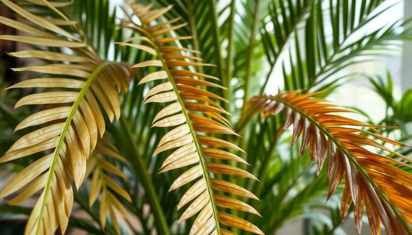 brown tips and damaged leaves on a parlour palm