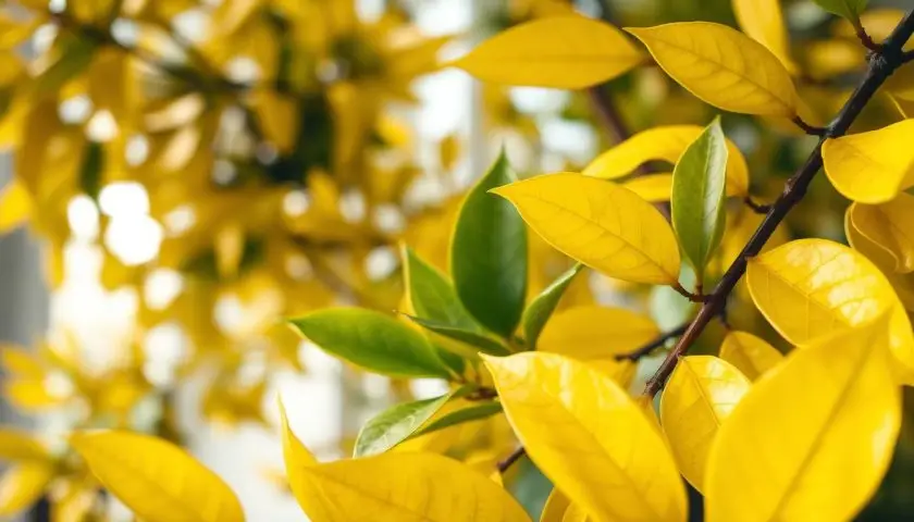 A close-up view of a bay tree with vibrant yellow leaves, showcasing a variety of shades from golden to pale yellow. The foreground features the glossy, textured leaves, some slightly curled, indicating stress. In the middle ground, a few intact green leaves hint at a healthy part of the tree, creating contrast. The background contains soft-focus hints of a well-lit indoor setting, with natural light streaming in, illuminating the leaves and casting gentle shadows. The atmosphere is calm and serene, emphasizing the allure and health of the bay tree while inviting the viewer to explore the reasons behind the yellowing leaves. The composition should reflect photorealism, highlighting the botanical beauty without any text or human subjects. A close-up view of a bay tree with vibrant yellow leaves, showcasing a variety of shades from golden to pale yellow. The foreground features the glossy, textured leaves, some slightly curled, indicating stress. In the middle ground, a few intact green leaves hint at a healthy part of the tree, creating contrast. The background contains soft-focus hints of a well-lit indoor setting, with natural light streaming in, illuminating the leaves and casting gentle shadows. The atmosphere is calm and serene, emphasizing the allure and health of the bay tree while inviting the viewer to explore the reasons behind the yellowing leaves. The composition should reflect photorealism, highlighting the botanical beauty without any text or human subjects.
