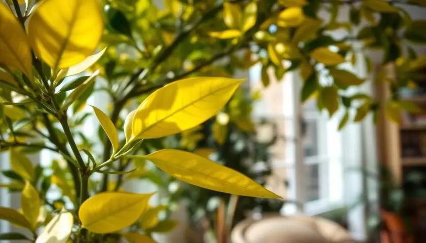 A close-up view of a bay tree with vibrant yellow leaves, showcasing the intricate details of the leaf structure and the rich green stems. The foreground features several yellow leaves in sharp focus, highlighting their texture and color variations. In the middle ground, more bay leaves create a lush, dense canopy, while a softly blurred background includes hints of indoor plant decor, such as a terracotta pot and light-colored wooden furniture. Soft, natural light filters in from a nearby window, casting gentle shadows and illuminating the leaves, creating a warm and inviting atmosphere. The overall mood is serene and nurturing, emphasizing the beauty of the bay tree and its yellow leaves. A close-up view of a bay tree with vibrant yellow leaves, showcasing the intricate details of the leaf structure and the rich green stems. The foreground features several yellow leaves in sharp focus, highlighting their texture and color variations. In the middle ground, more bay leaves create a lush, dense canopy, while a softly blurred background includes hints of indoor plant decor, such as a terracotta pot and light-colored wooden furniture. Soft, natural light filters in from a nearby window, casting gentle shadows and illuminating the leaves, creating a warm and inviting atmosphere. The overall mood is serene and nurturing, emphasizing the beauty of the bay tree and its yellow leaves.