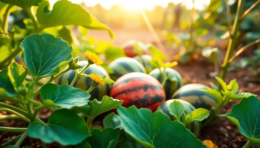 Crimson Sweet Watermelon: 11 Planting & Growing Tips 4 crimson sweet watermelon plant with vines flowers and developing fruit