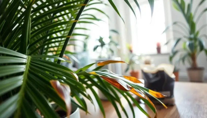checking a parlour palm with brown leaf damage