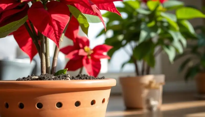 Potted poinsettia in a terracotta pot with drainage holes Potted poinsettia in a terracotta pot with drainage holes