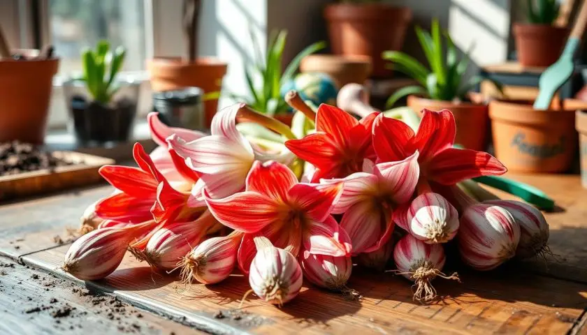 Healthy hippeastrum bulbs in red, white and pink on a wooden table