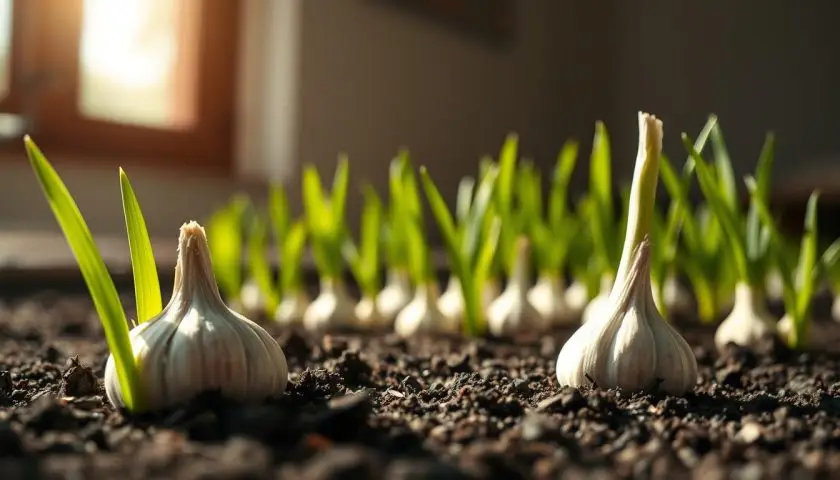 Garlic shoots growing in a row in dark garden soil