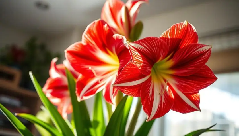 Red and white amaryllis flowers in full bloom